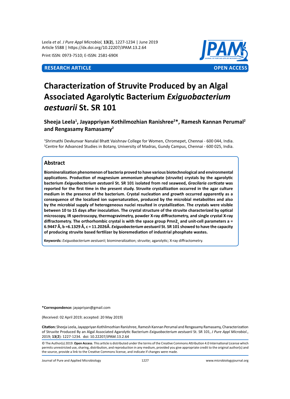 Characterization of Struvite Produced by an Algal Associated Agarolytic Bacterium Exiguobacterium Aestuarii St. SR 101