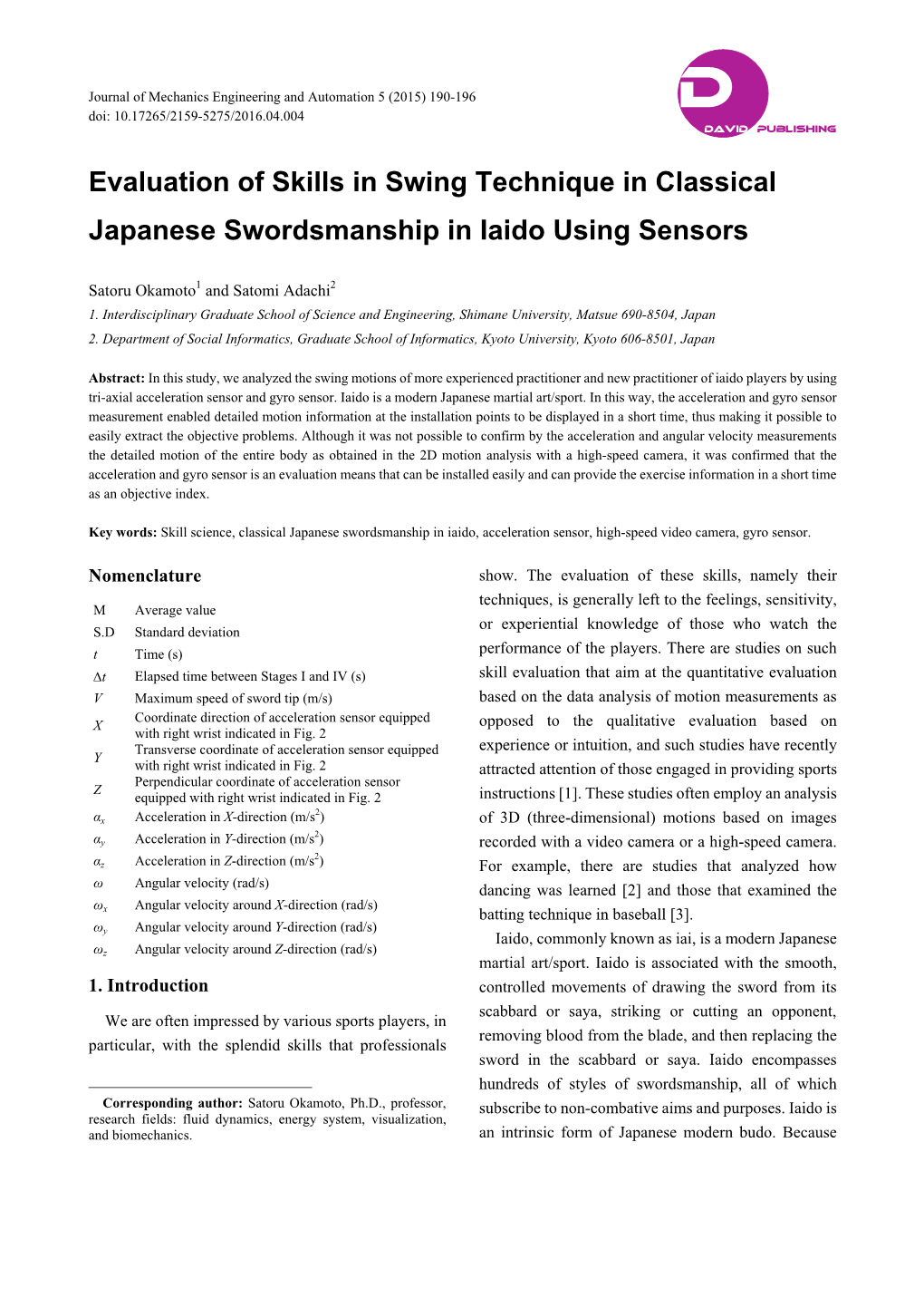 Evaluation of Skills in Swing Technique in Classical Japanese Swordsmanship in Iaido Using Sensors