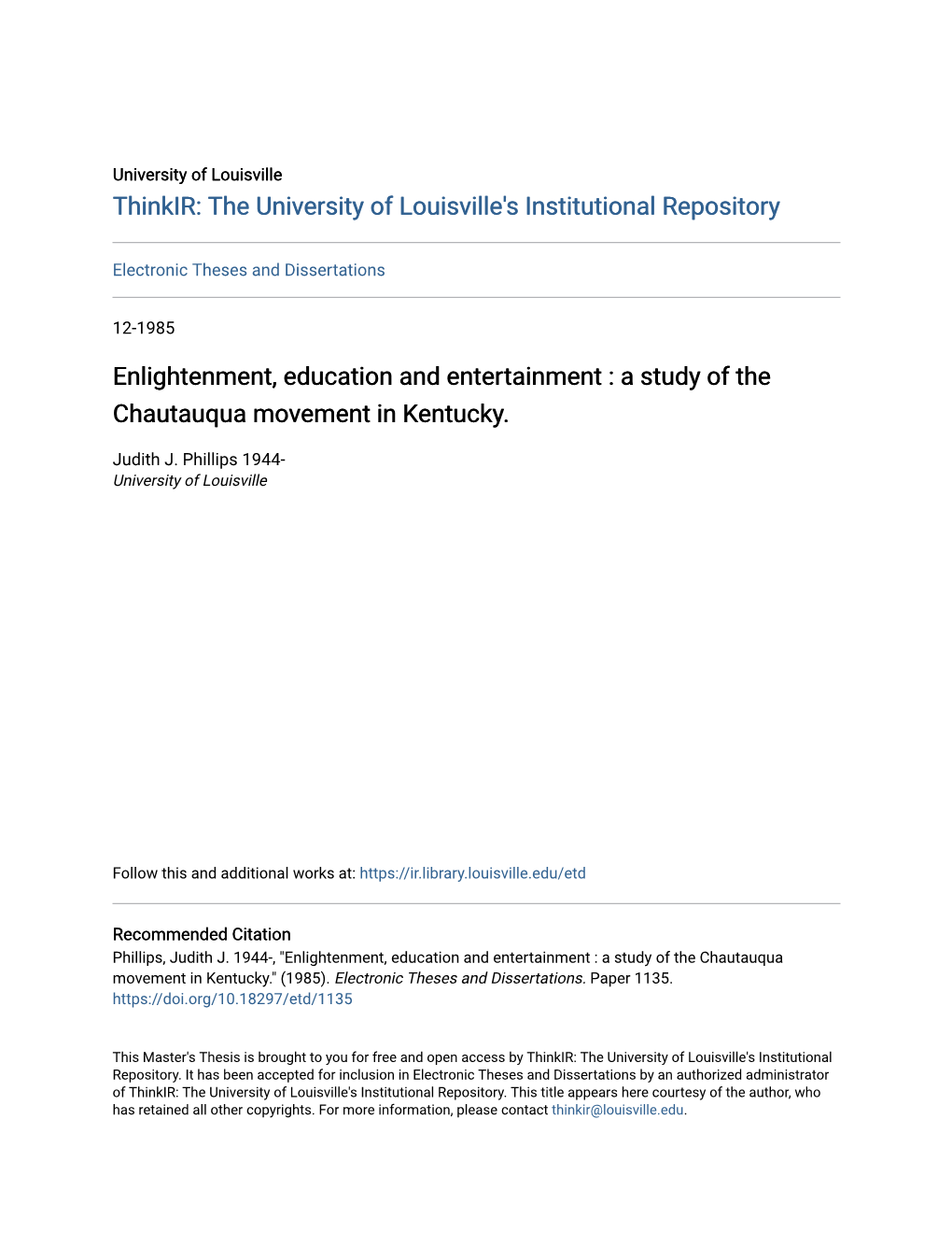 A Study of the Chautauqua Movement in Kentucky