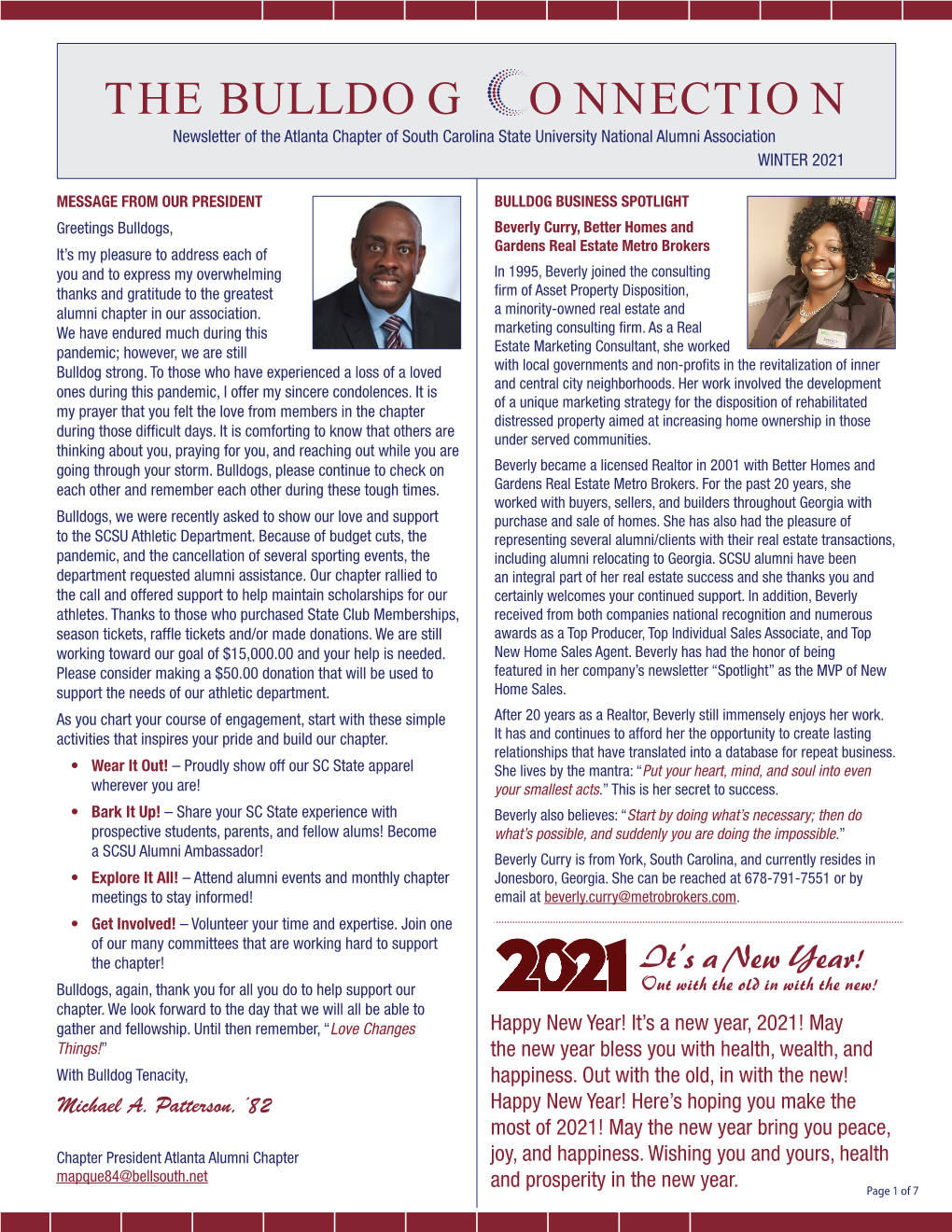 THE BULLDOG ONNECTION Newsletter of the Atlanta Chapter of South Carolina State University National Alumni Association WINTER 2021