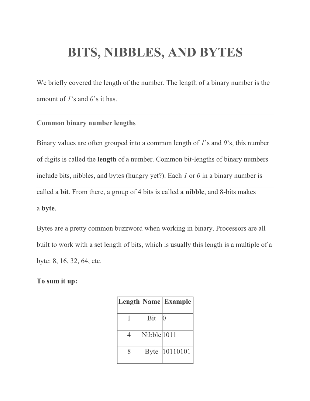 Bits, Nibbles, and Bytes
