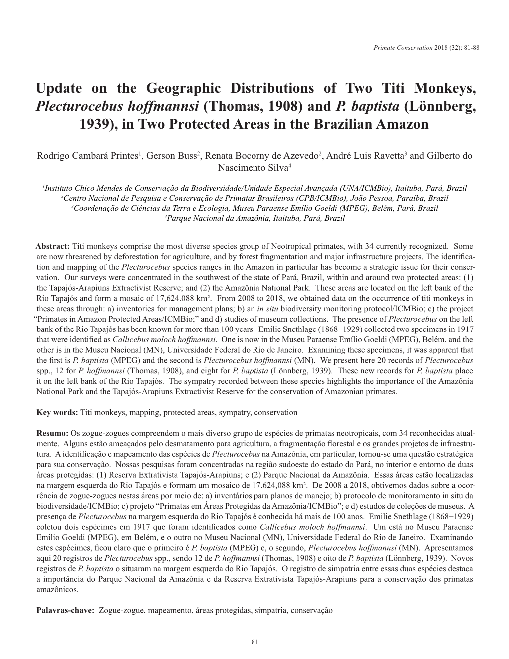 Geographic Distribution of Two Titi Monkeys