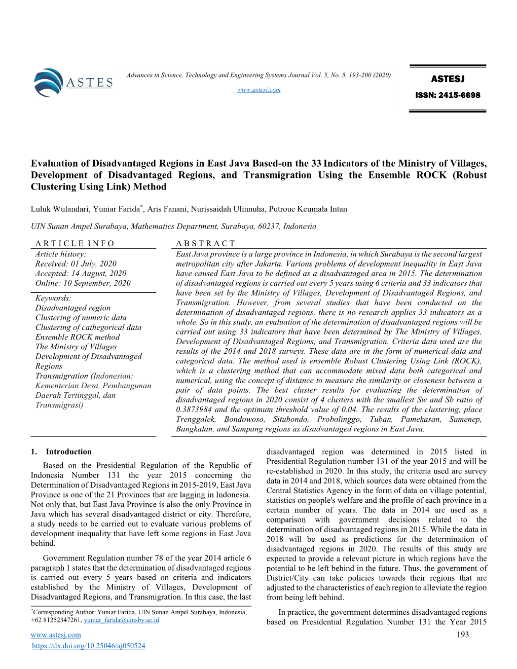 Evaluation of Disadvantaged Regions in East Java Based-On the 33