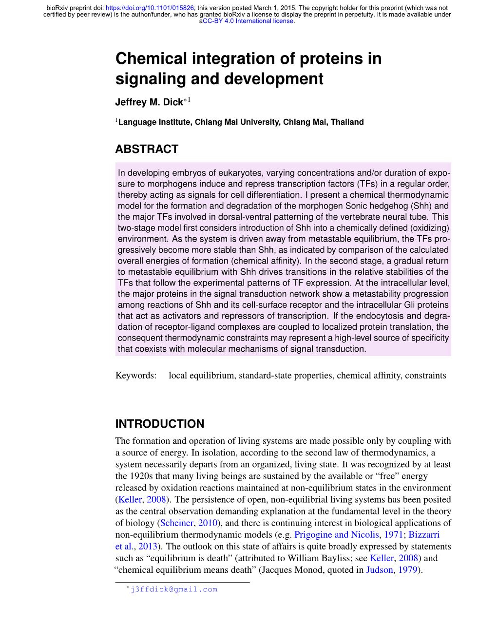 Chemical Integration of Proteins in Signaling and Development