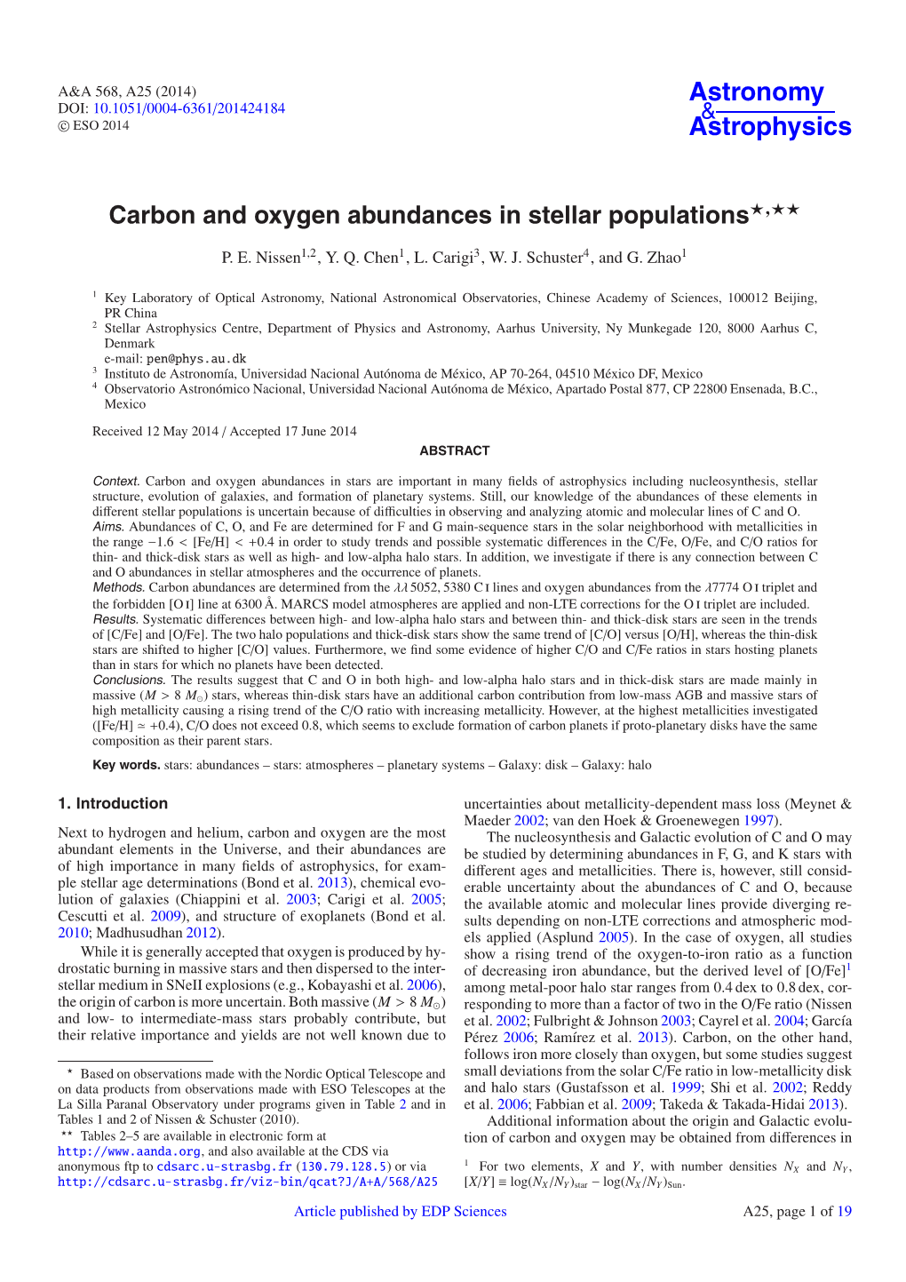 Carbon and Oxygen Abundances in Stellar Populations⋆⋆⋆