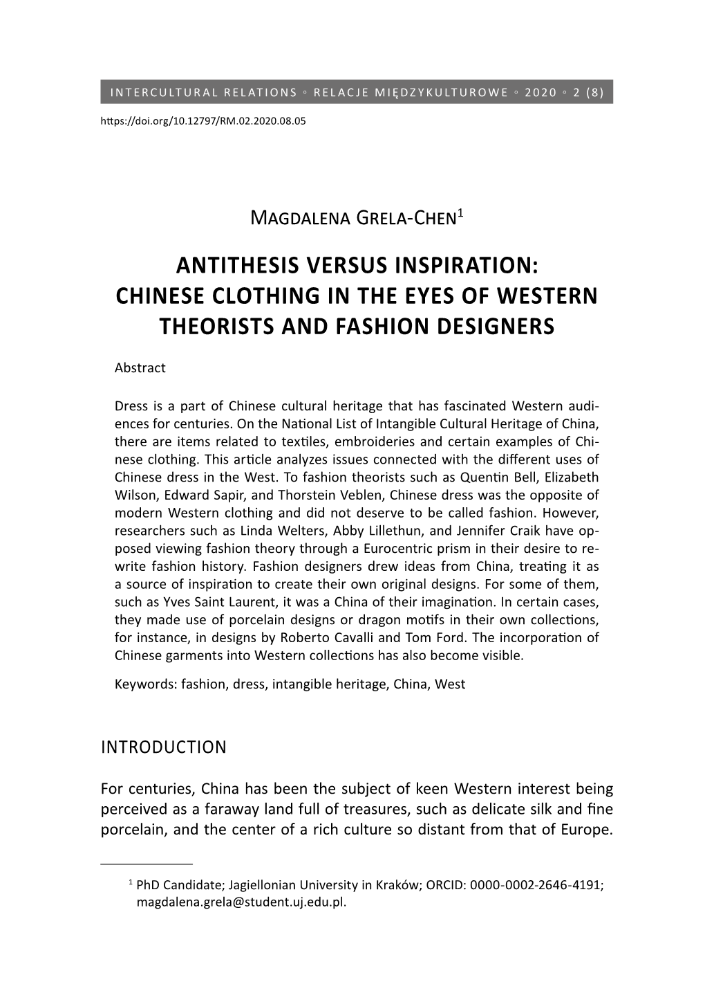 Antithesis Versus Inspiration: Chinese Clothing in the Eyes of Western Theorists