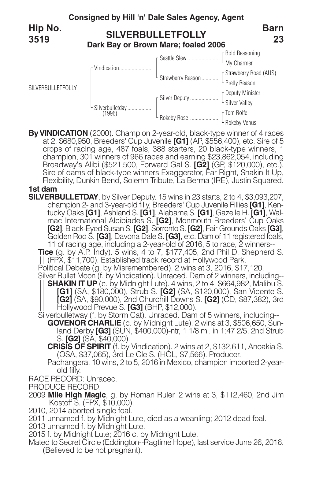 3519 Dark Bay Or Brown Mare; Foaled 2006 23 Bold Reasoning Seattle Slew