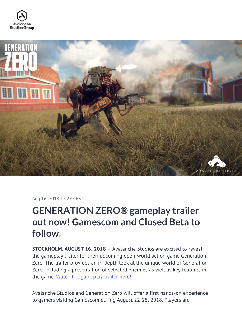 GENERATION ZERO® Gameplay Trailer out Now! Gamescom and Closed Beta to Follow