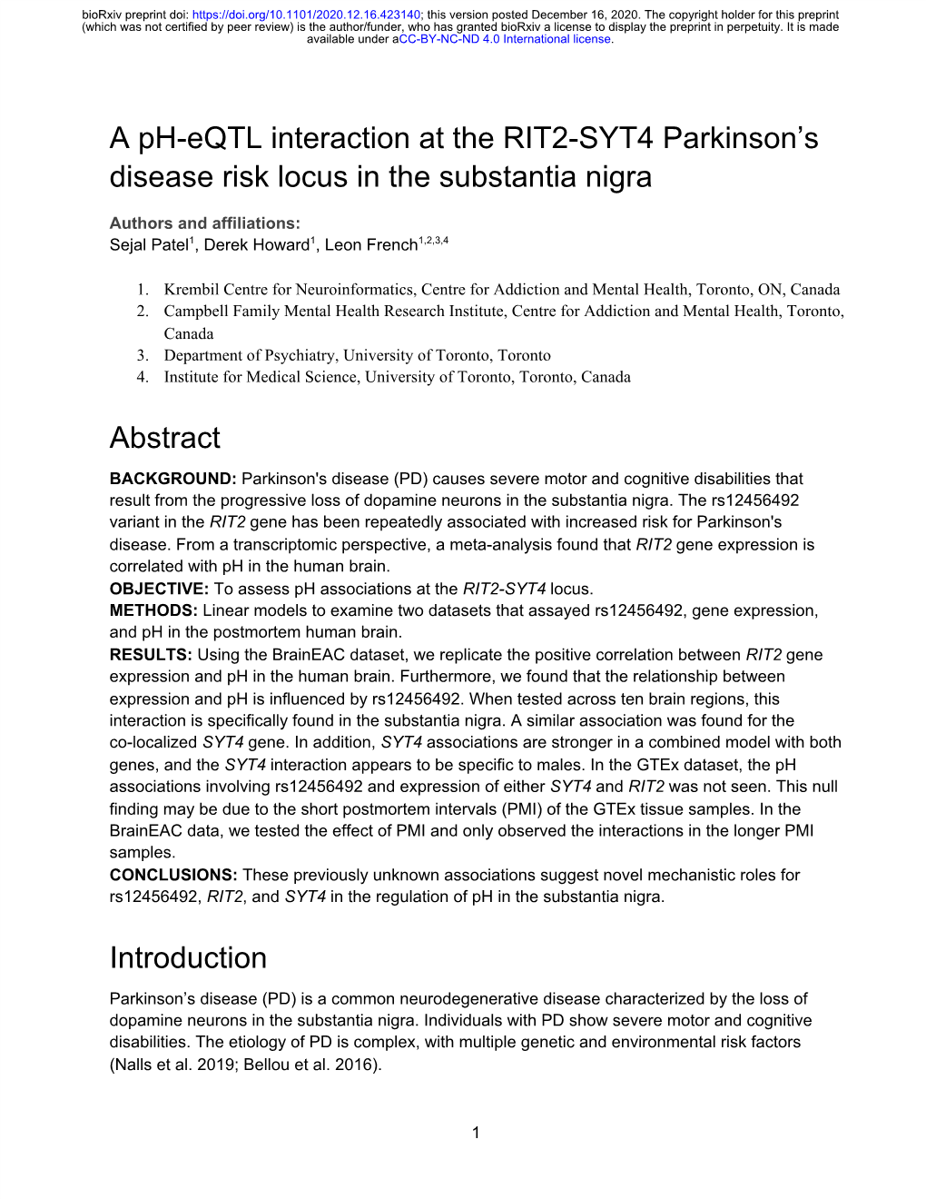 A Ph-Eqtl Interaction at the RIT2-SYT4 Parkinson's Disease Risk