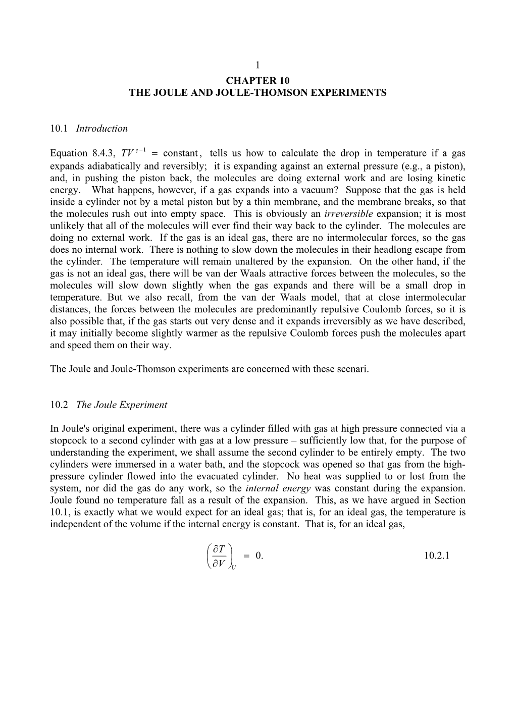 1 Chapter 10 the Joule and Joule-Thomson Experiments