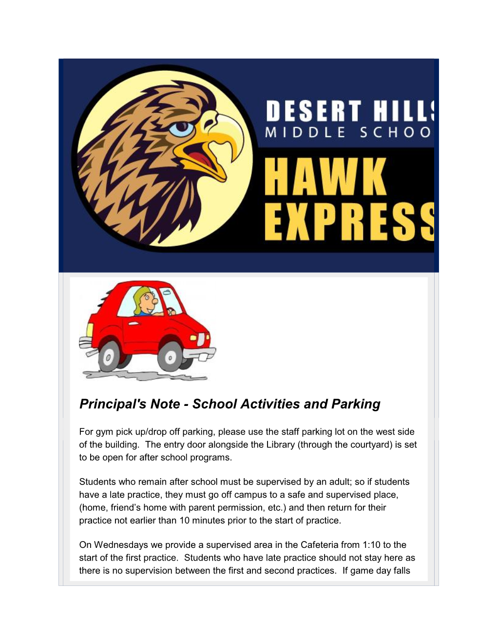 Principal's Note - School Activities and Parking