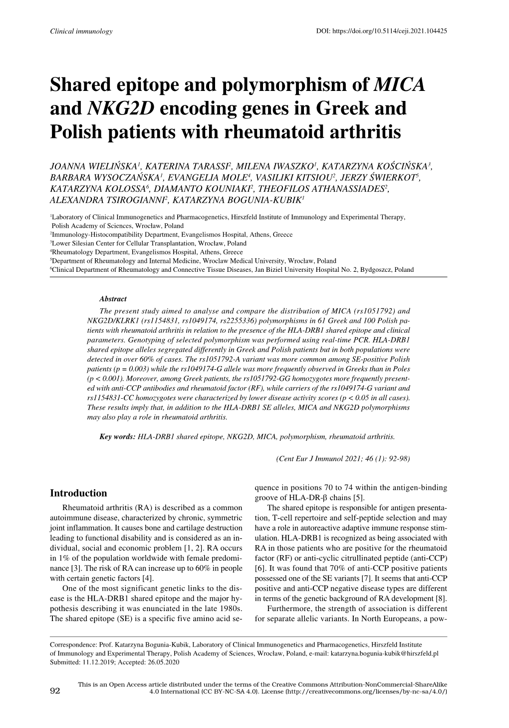 Shared Epitope and Polymorphism of MICA and NKG2D Encoding Genes in Greek and Polish Patients with Rheumatoid Arthritis