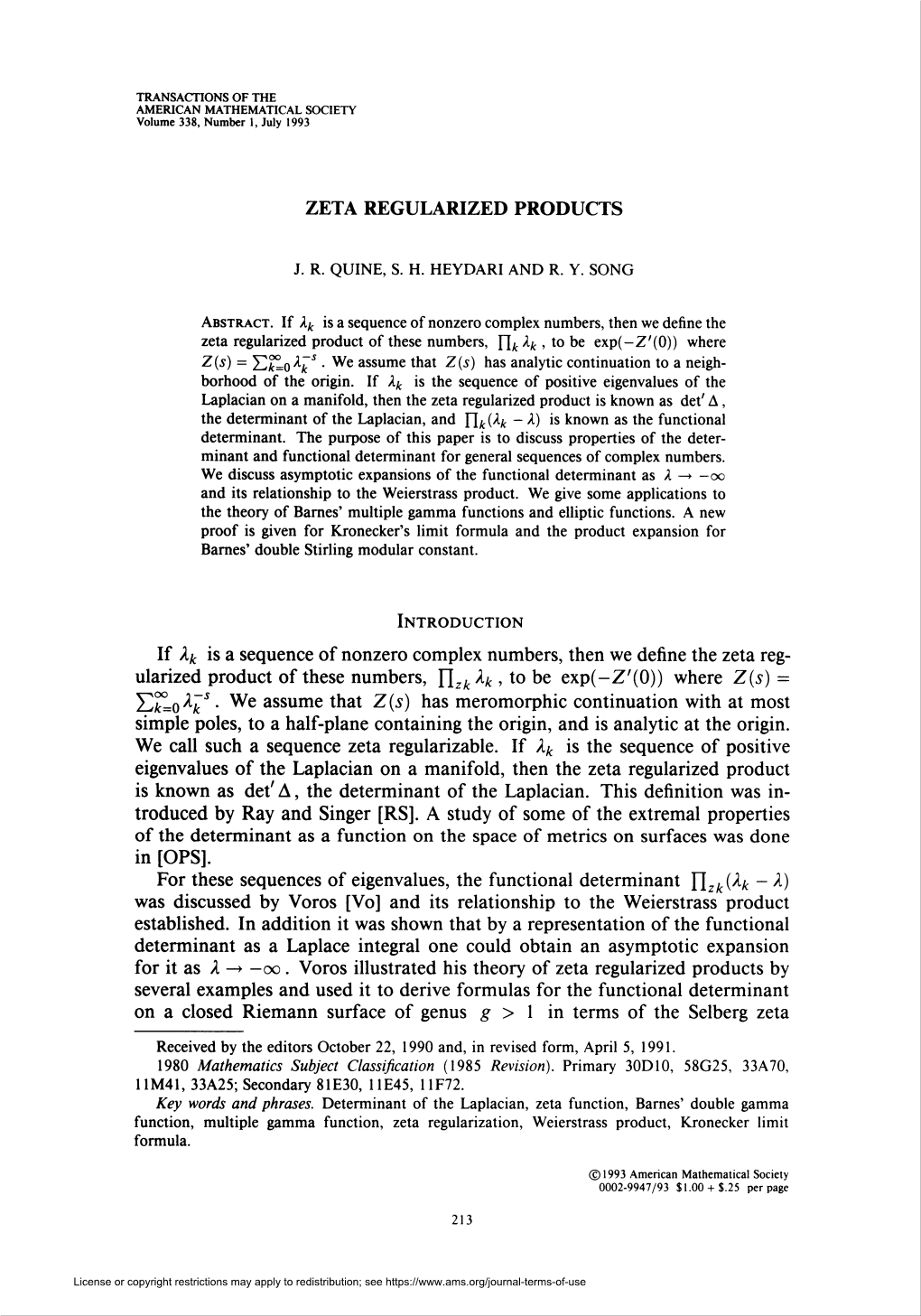 ZETA REGULARIZED PRODUCTS In