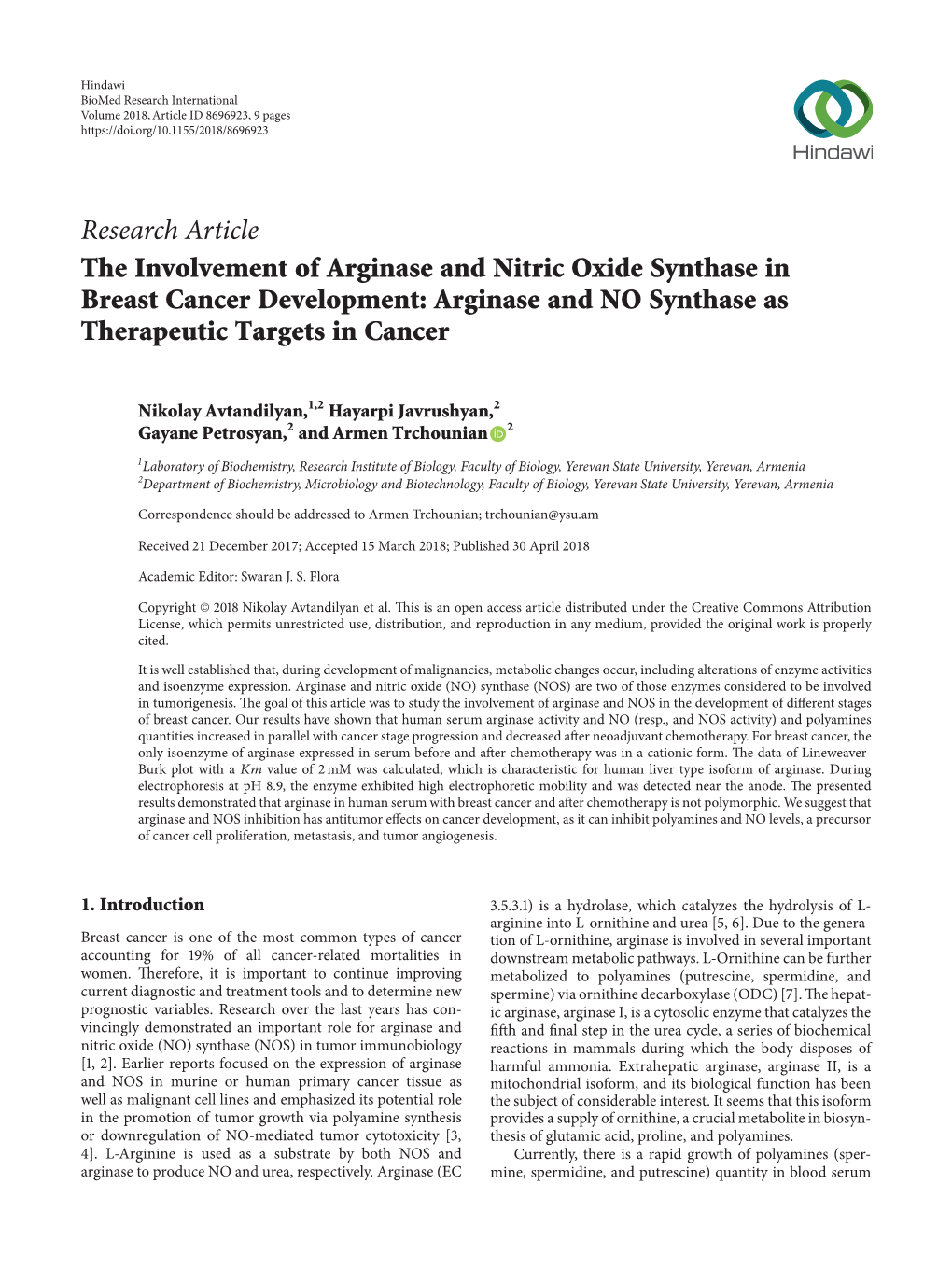 The Involvement of Arginase and Nitric Oxide Synthase in Breast Cancer Development: Arginase and NO Synthase As Therapeutic Targets in Cancer