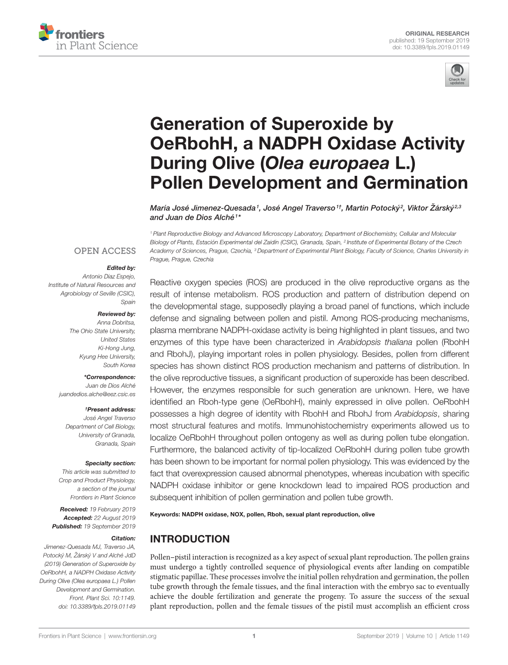 Generation of Superoxide by Oerbohh, a NADPH Oxidase Activity During Olive (Olea Europaea L.) Pollen Development and Germination