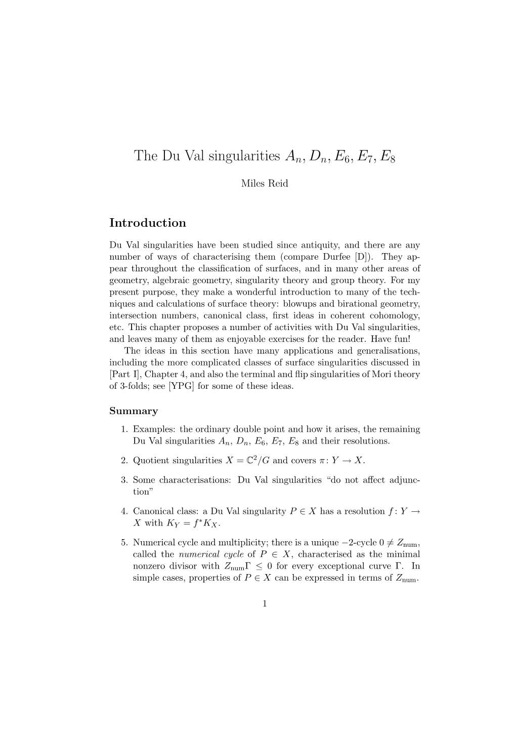 The Du Val Singularities An,Dn,E6,E7,E8