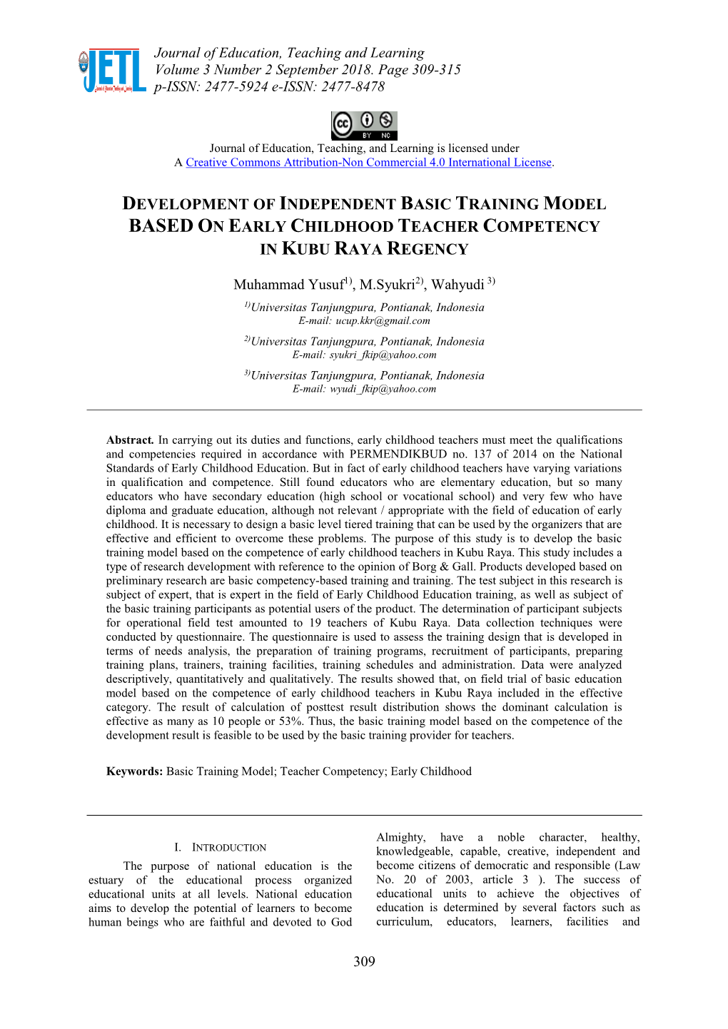 Development of Independent Basic Training Model Based on Early Childhood Teacher Competency in Kubu Raya Regency