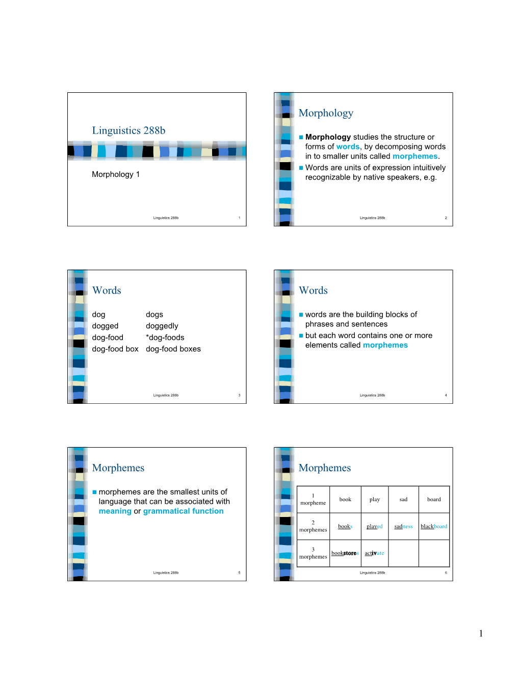 Linguistics 288B Morphology Words Words Morphemes Morphemes