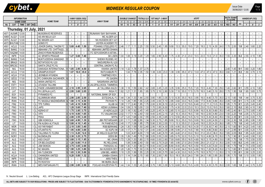 Midweek Regular Coupon 30/06/2021 12:05 1 / 3