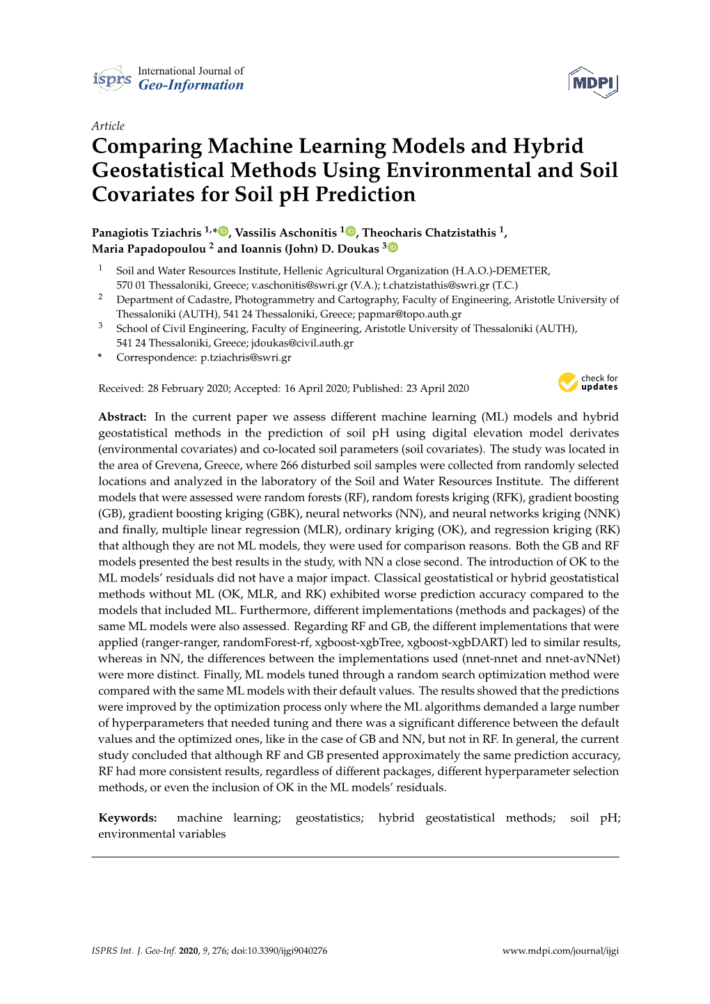 Comparing Machine Learning Models and Hybrid Geostatistical Methods Using Environmental and Soil Covariates for Soil Ph Prediction