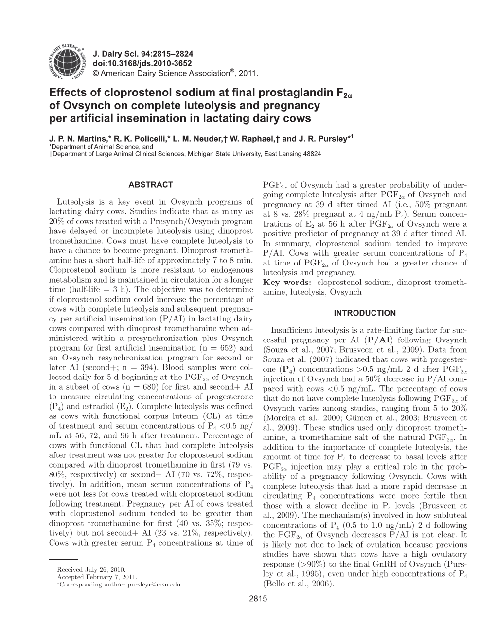 Effects of Cloprostenol Sodium at Final Prostaglandin F2a of Ovsynch On