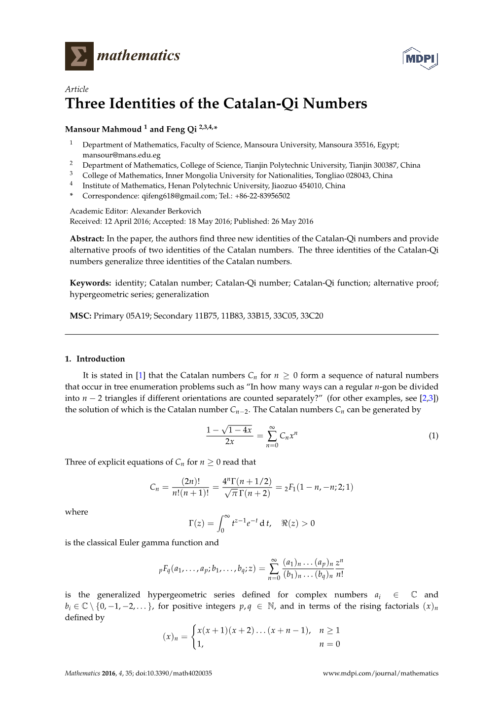 Three Identities of the Catalan-Qi Numbers