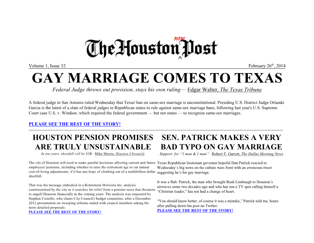 GAY MARRIAGE COMES to TEXAS Federal Judge Throws out Provision, Stays His Own Ruling–– Edgar Walter, the Texas Tribune
