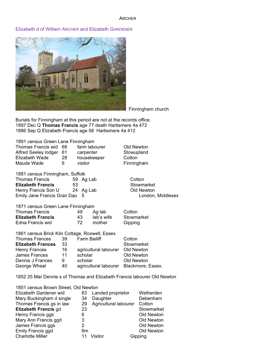 Elizabeth D of William ARCHER and Elizabeth GARDENER Finningham Church Burials for Finningham at This Period Are Not at the Reco