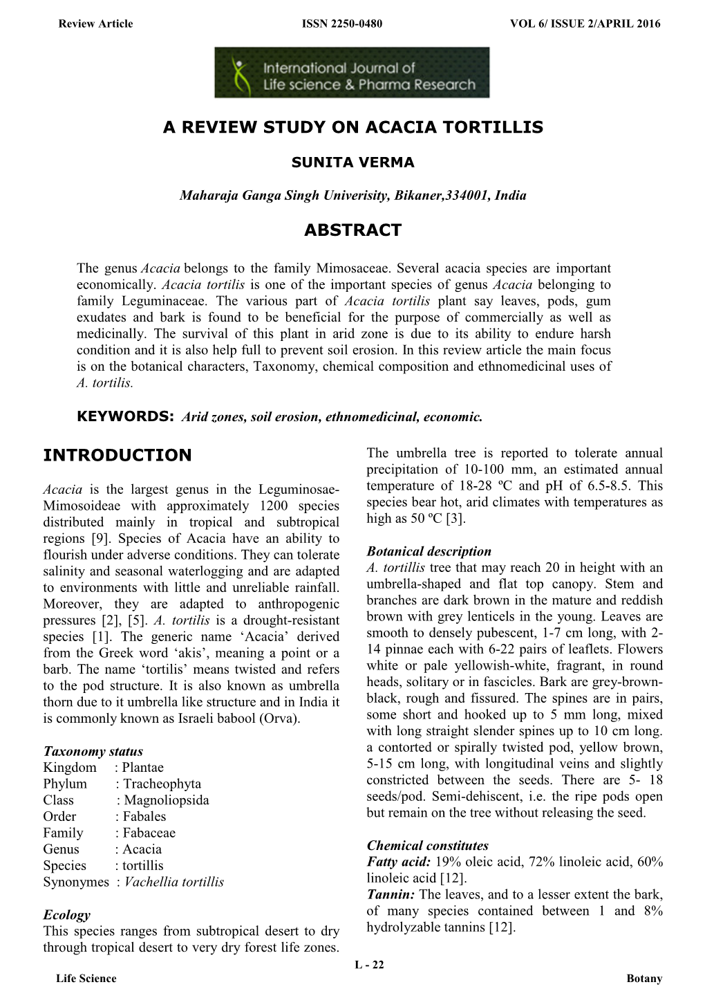 A Review Study on Acacia Tortillis Abstract