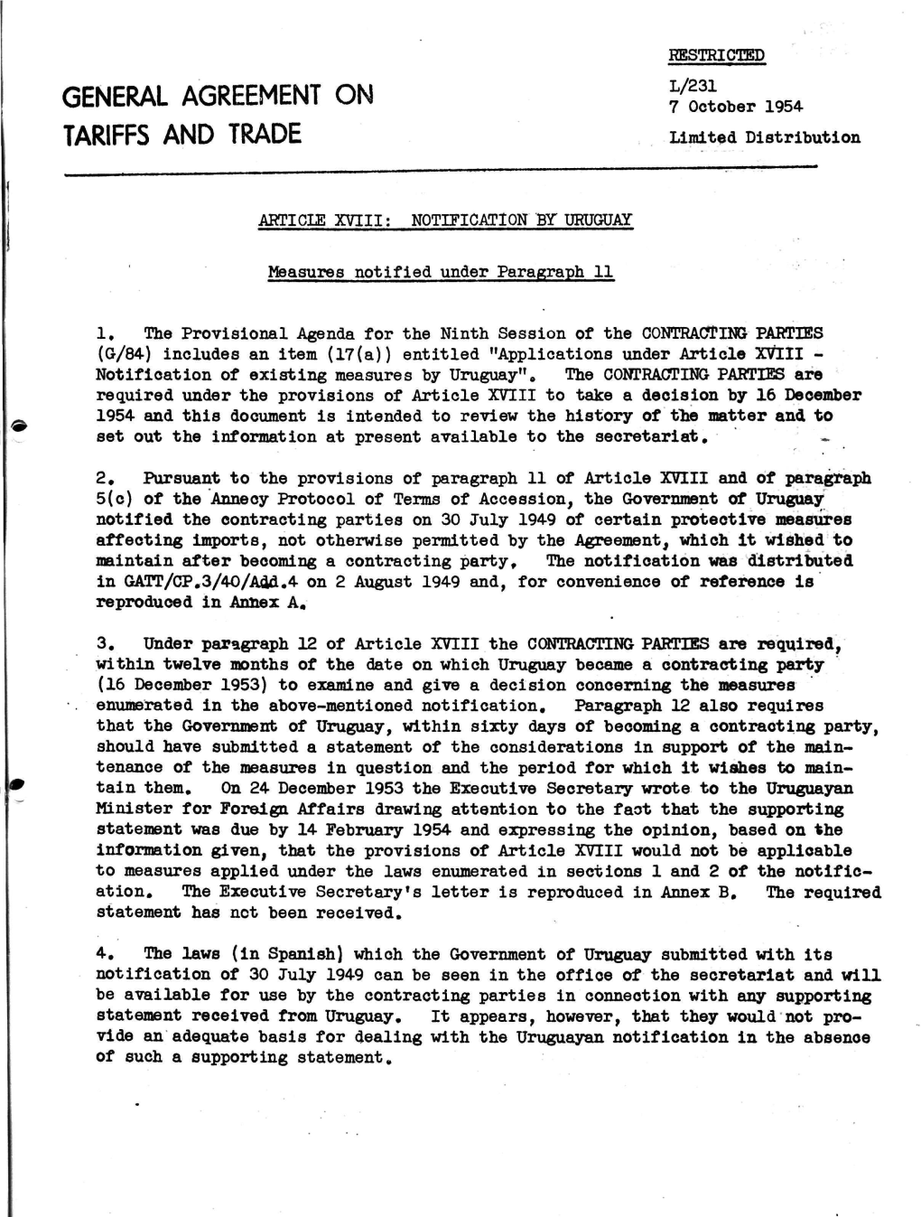 GENERAL AGREEMENT on $*S*» 1954 TARIFFS and TRADE Limited Distribution