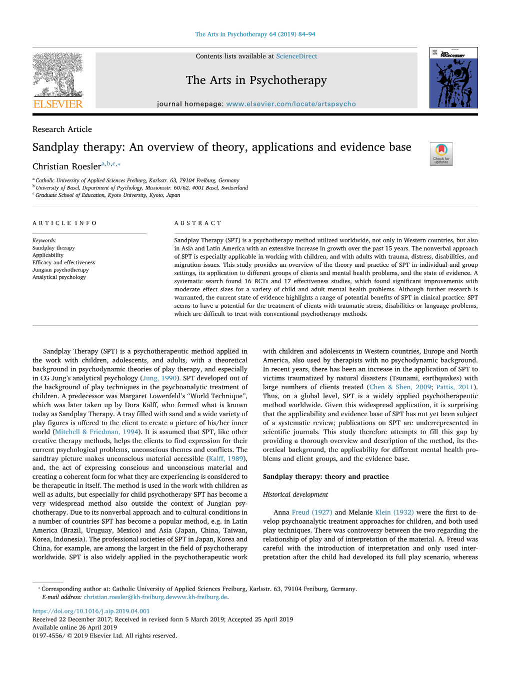 Sandplay Therapy: an Overview of Theory, Applications and Evidence Base T ⁎ Christian Roeslera,B,C, a Catholic University of Applied Sciences Freiburg, Karlsstr