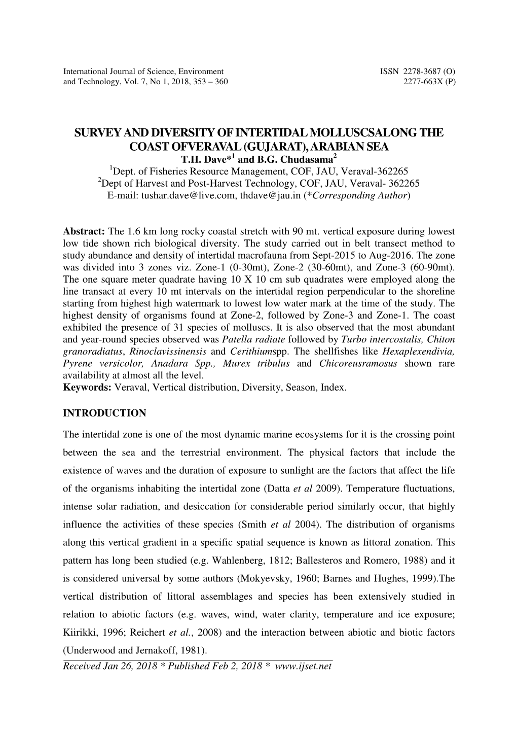 Survey and Diversity of Intertidal Molluscsalong the Coast Ofveraval (Gujarat), Arabian Sea T.H