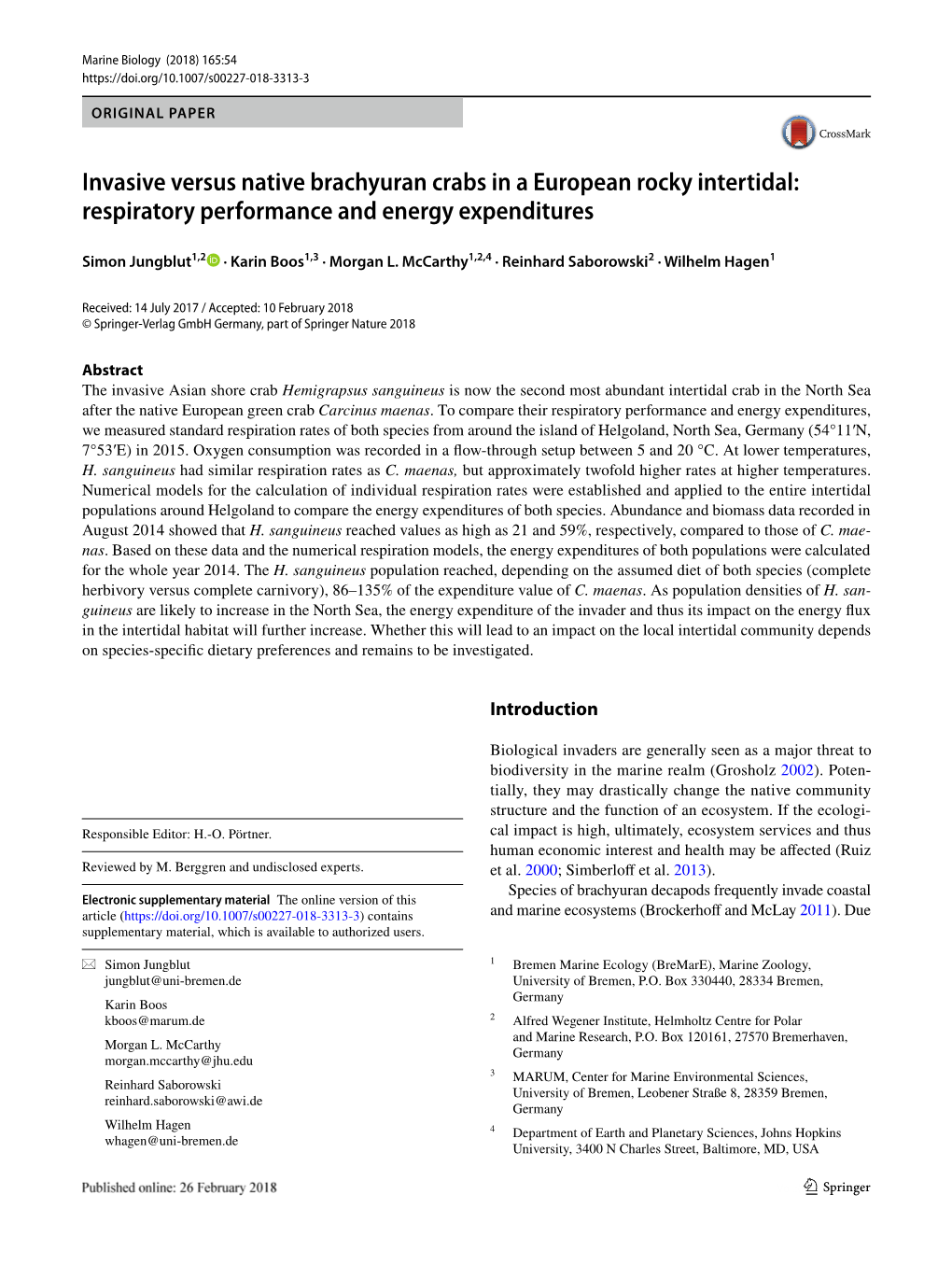 Invasive Versus Native Brachyuran Crabs in a European Rocky Intertidal: Respiratory Performance and Energy Expenditures