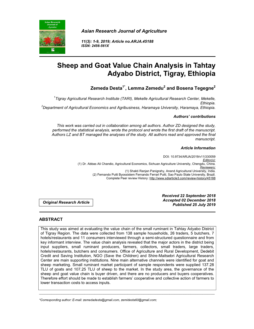 Sheep and Goat Value Chain Analysis in Tahtay Adyabo District, Tigray, Ethiopia