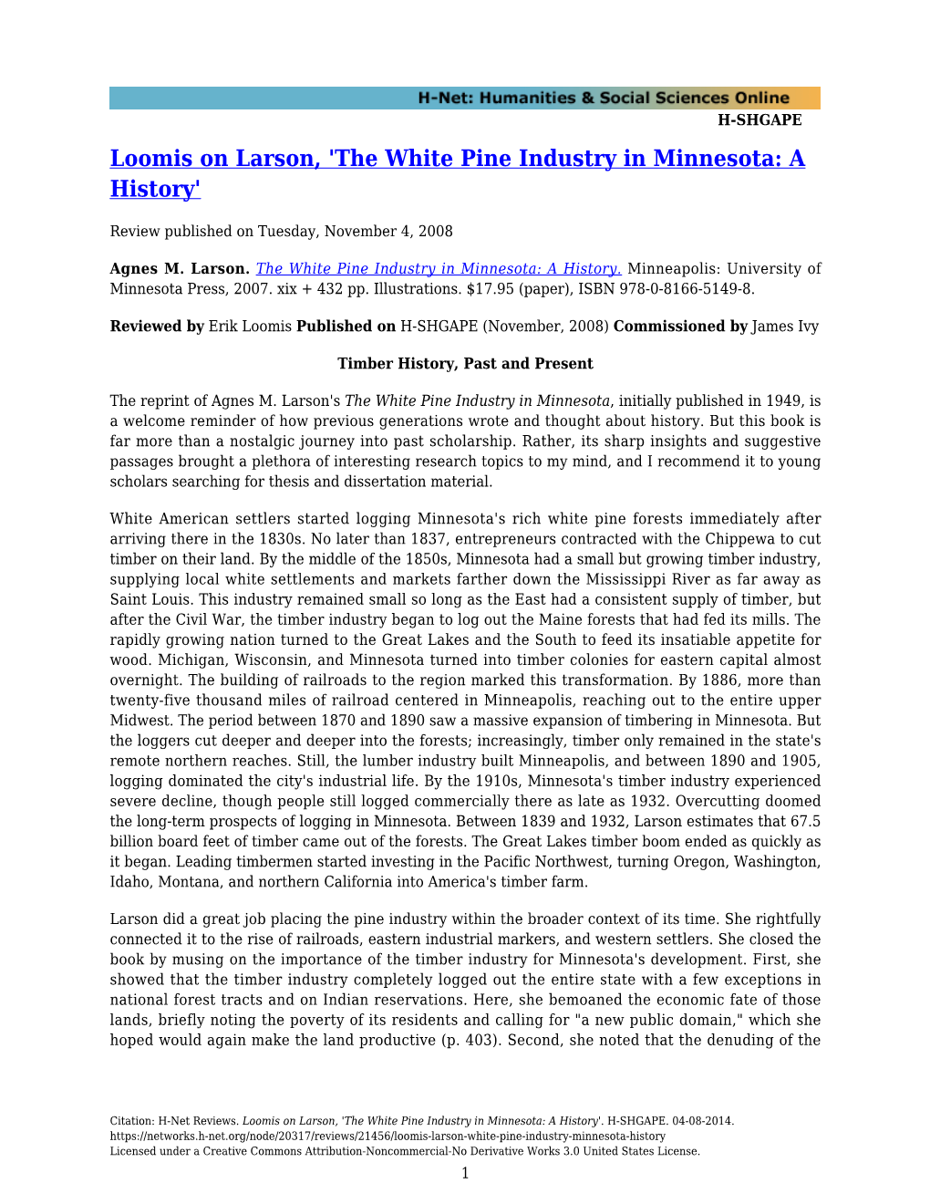 Loomis on Larson, 'The White Pine Industry in Minnesota: a History'