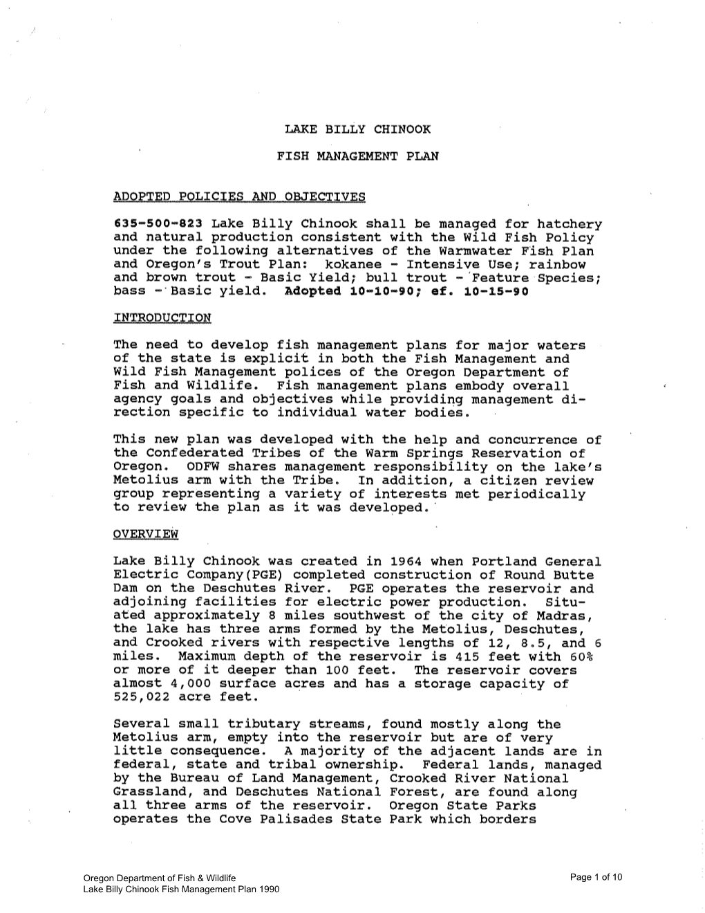 Lake Billy Chinook Fish Management Plan 1990.Pdf
