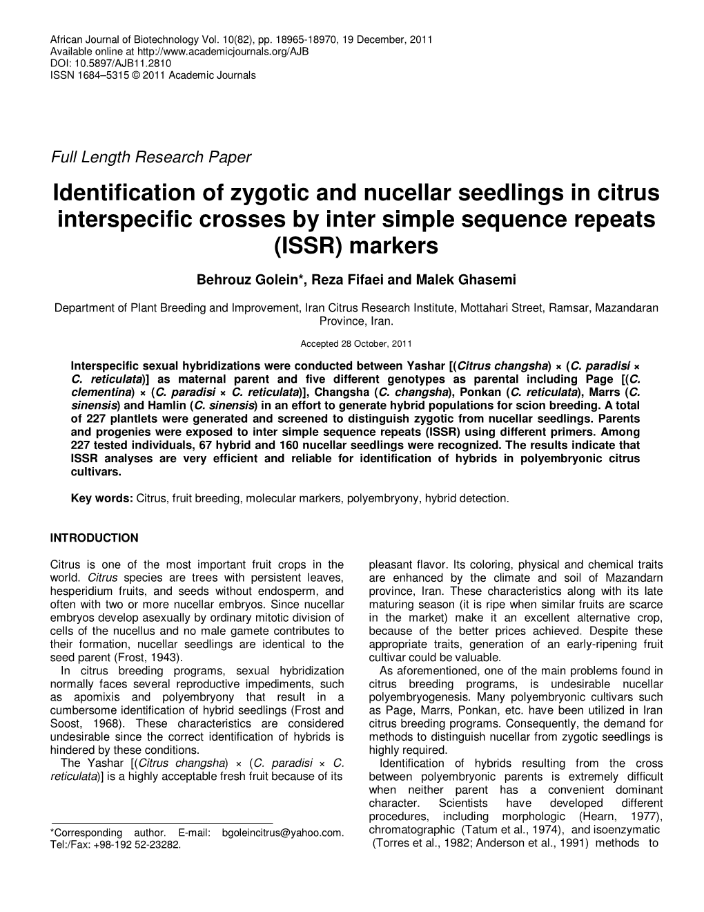 Identification of Zygotic and Nucellar Seedlings in Citrus Interspecific Crosses by Inter Simple Sequence Repeats (ISSR) Markers