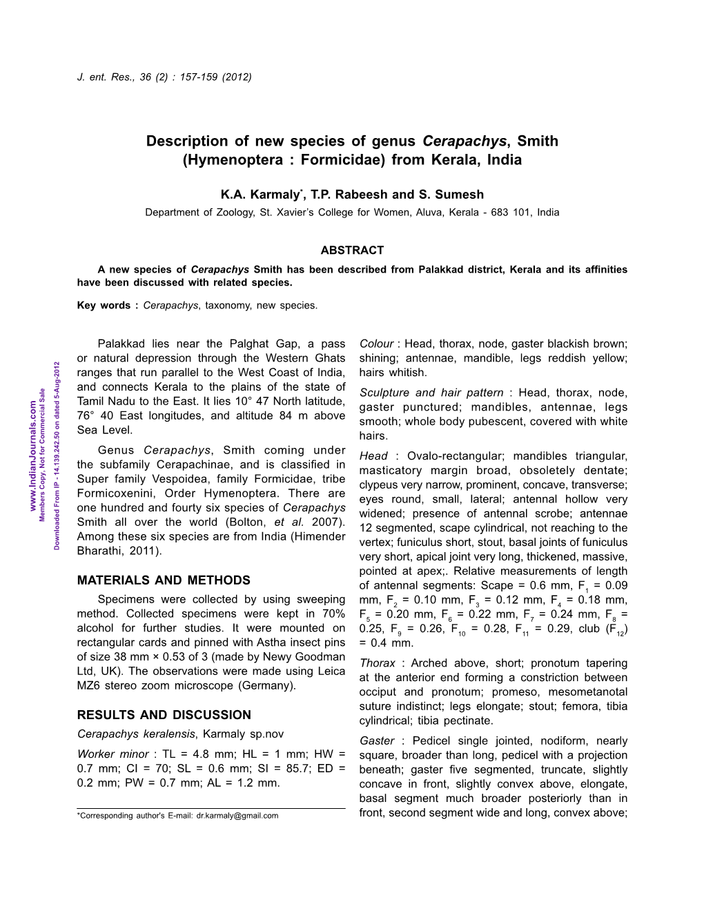 Description of New Species of Genus Cerapachys, Smith