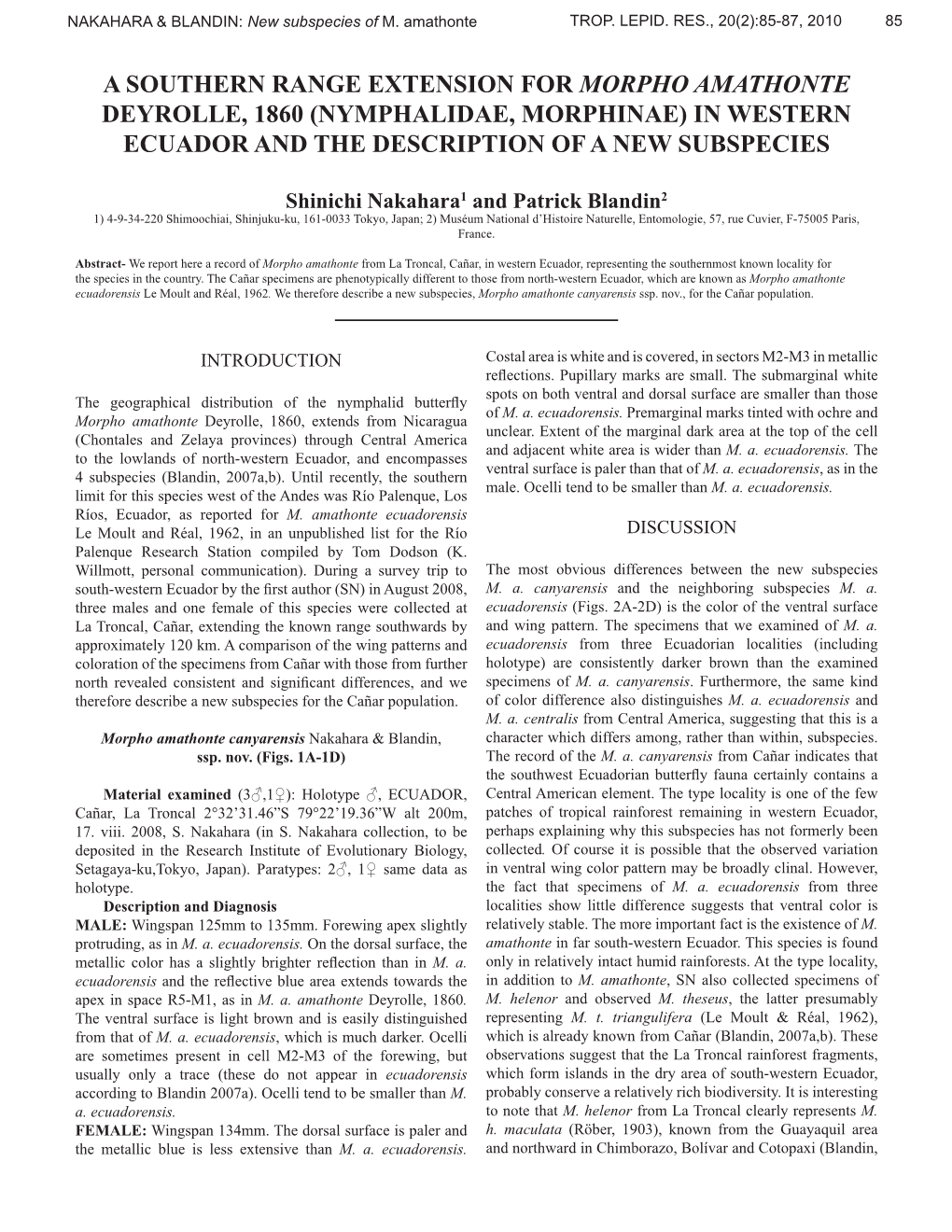 A Southern Range Extension for Morpho Amathonte Deyrolle, 1860 (Nymphalidae, Morphinae) in Western Ecuador and the Description of a New Subspecies