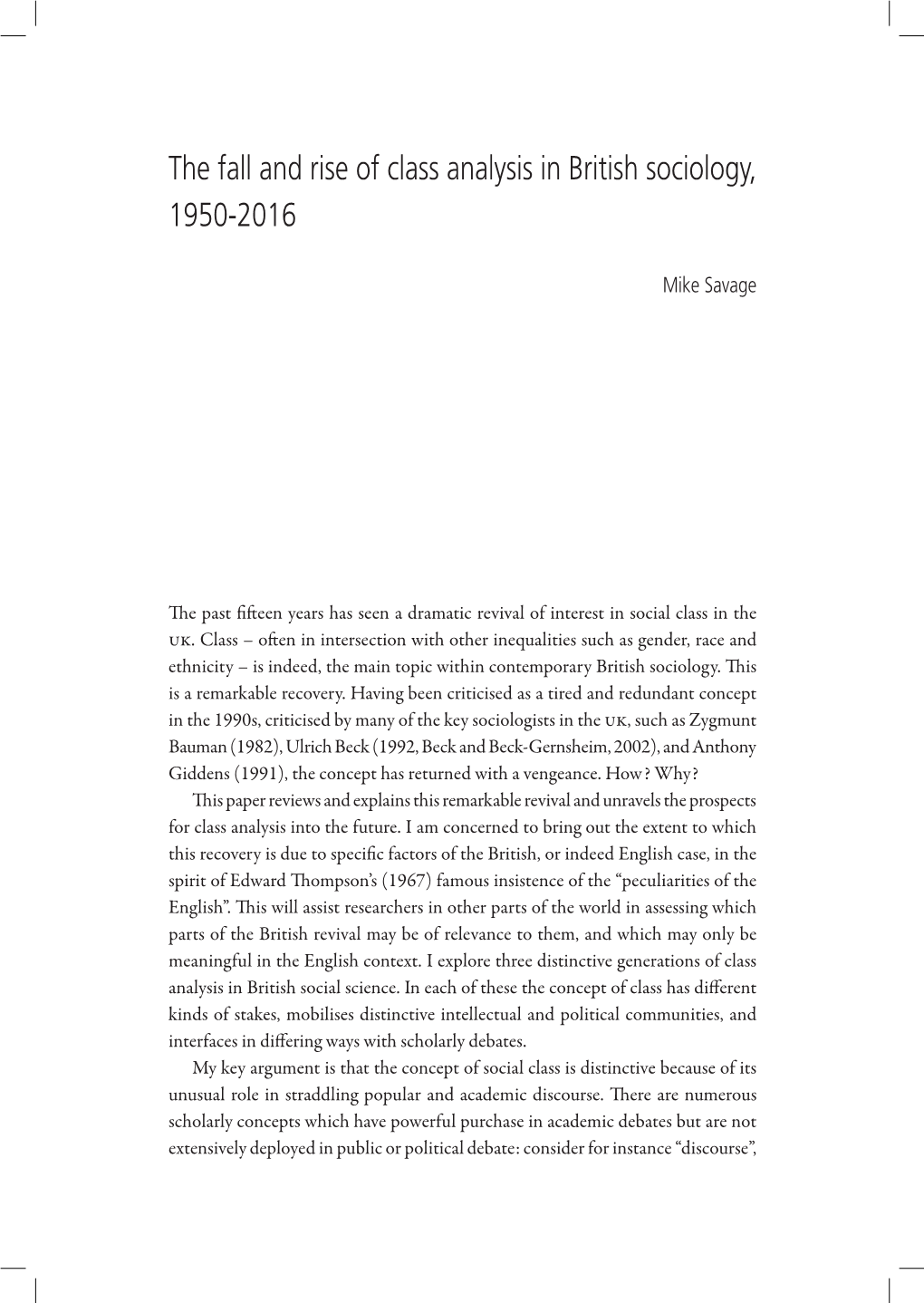 The Fall and Rise of Class Analysis in British Sociology, 1950-2016