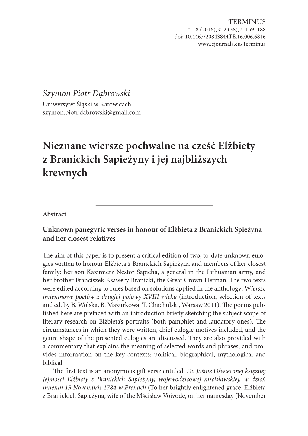 Nieznane Wiersze Pochwalne Na Cześć Elżbiety Z Branickich Sapieżyny I Jej Najbliższych Krewnych