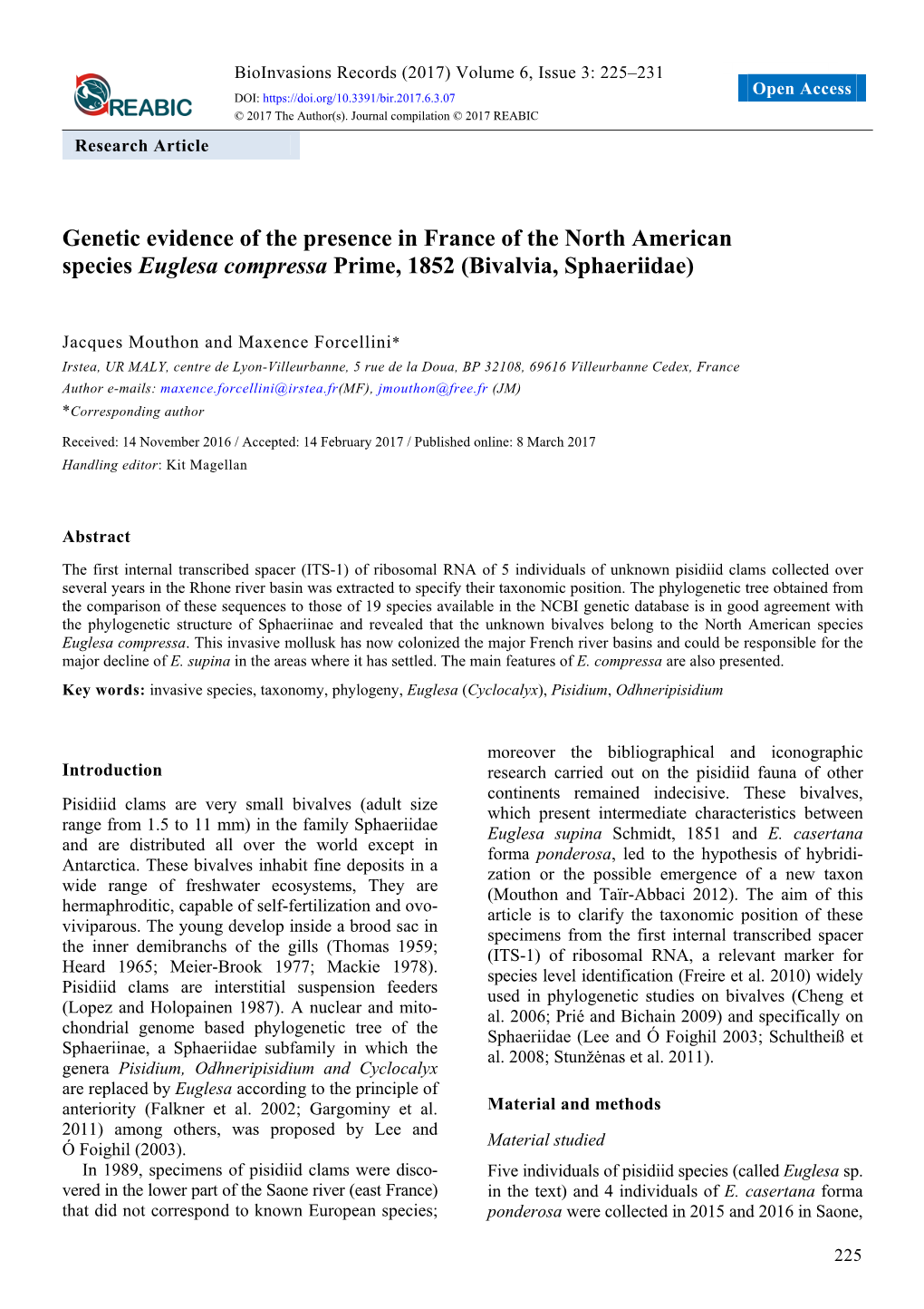 Genetic Evidence of the Presence in France of the North American Species Euglesa Compressa Prime, 1852 (Bivalvia, Sphaeriidae)