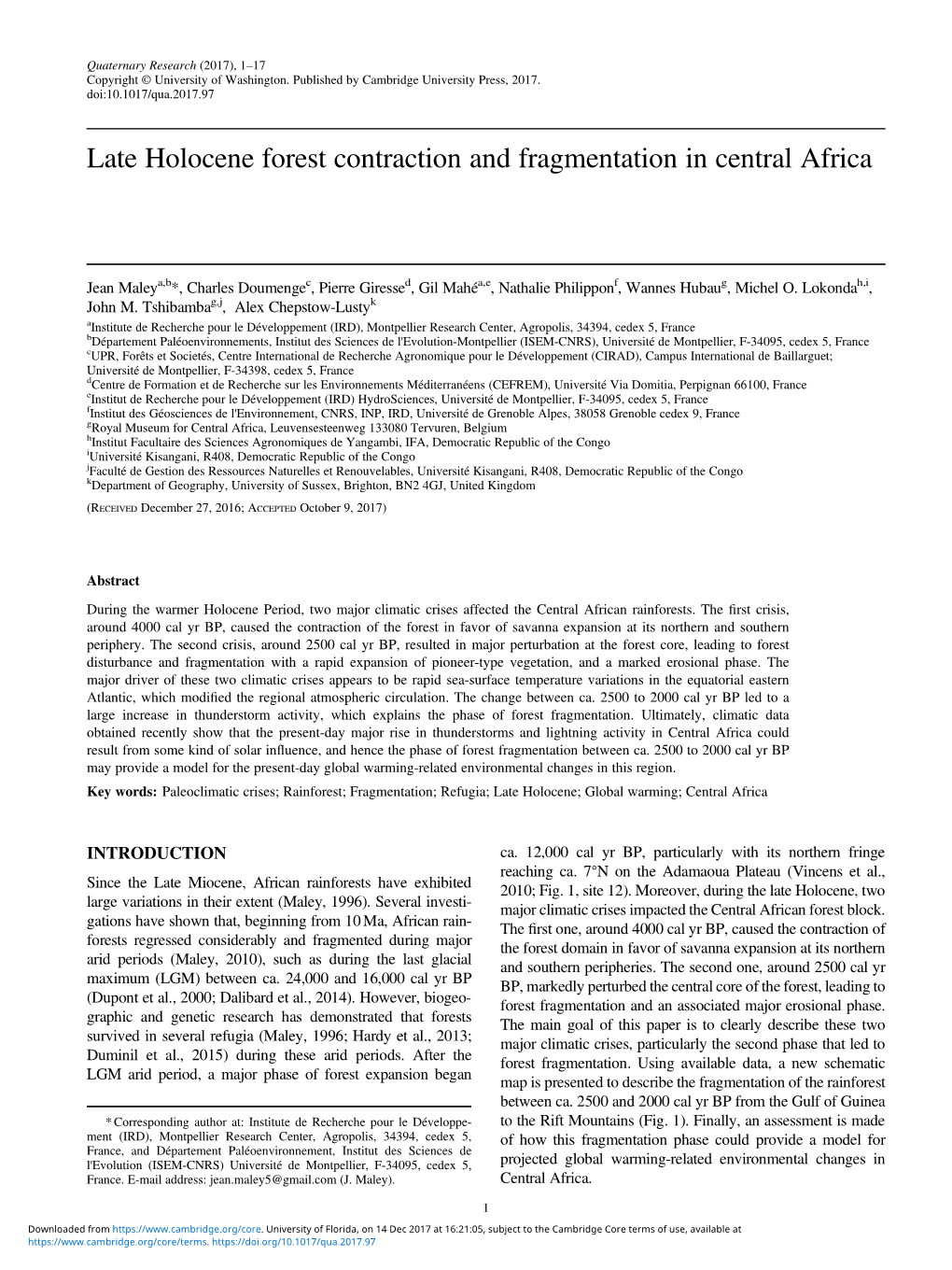 Late Holocene Forest Contraction and Fragmentation in Central Africa