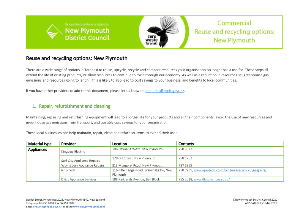 Reuse and Recycling Options: New Plymouth