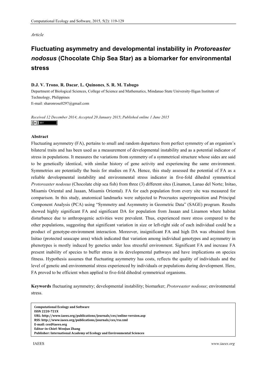 Fluctuating Asymmetry and Developmental Instability in Protoreaster Nodosus (Chocolate Chip Sea Star) As a Biomarker for Environmental Stress