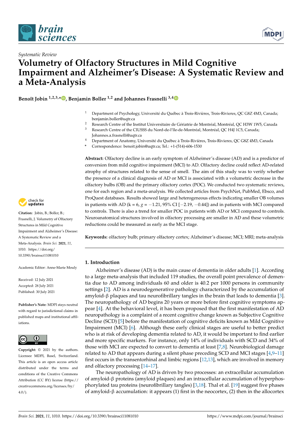 Volumetry of Olfactory Structures in Mild Cognitive Impairment and Alzheimer’S Disease: a Systematic Review and a Meta-Analysis