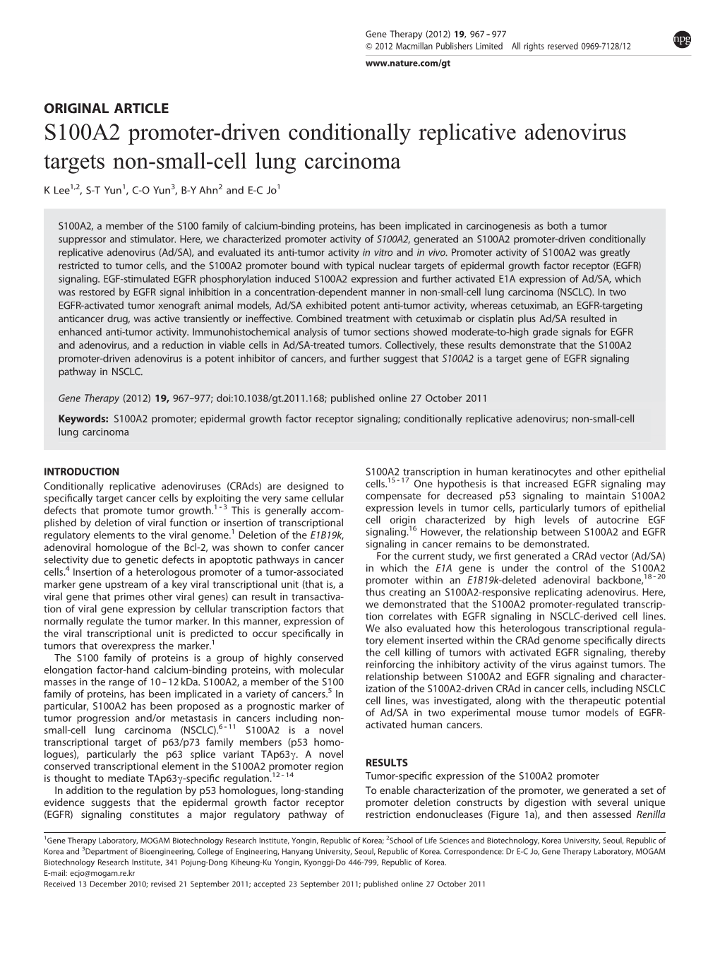 S100A2 Promoter-Driven Conditionally Replicative Adenovirus Targets Non-Small-Cell Lung Carcinoma