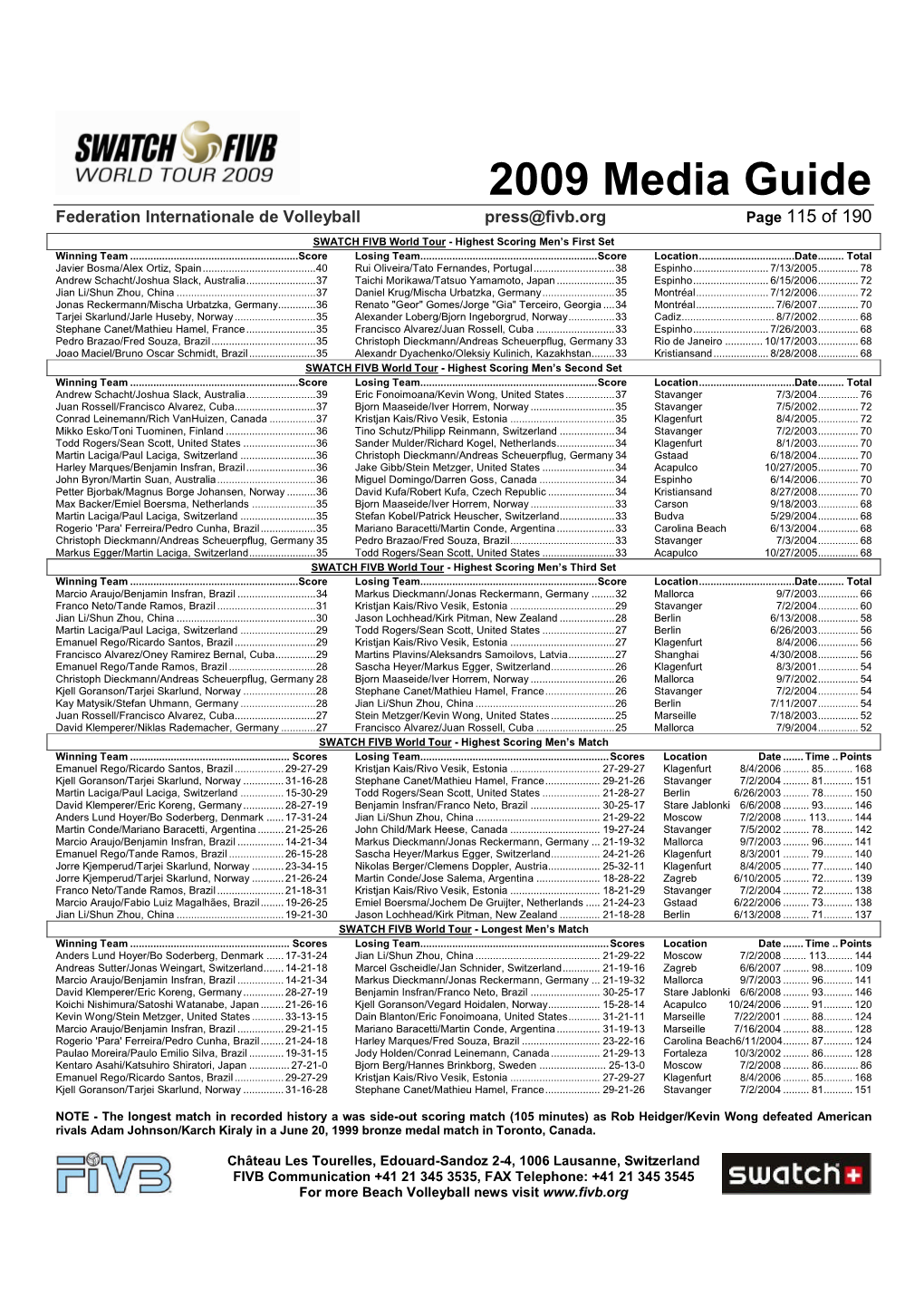 2009 Media Guide Federation Internationale De Volleyball Press@Fivb.Org Page 115 of 190