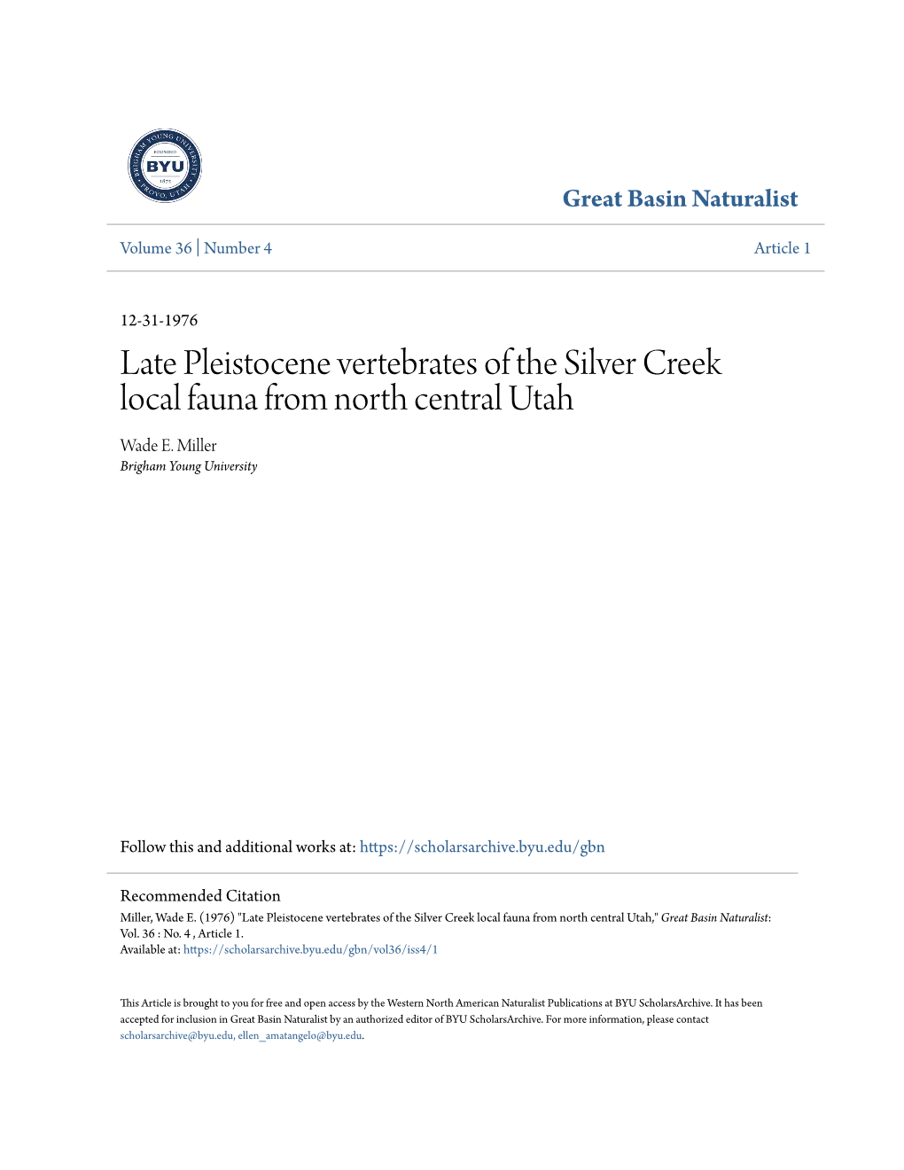 Late Pleistocene Vertebrates of the Silver Creek Local Fauna from North Central Utah Wade E