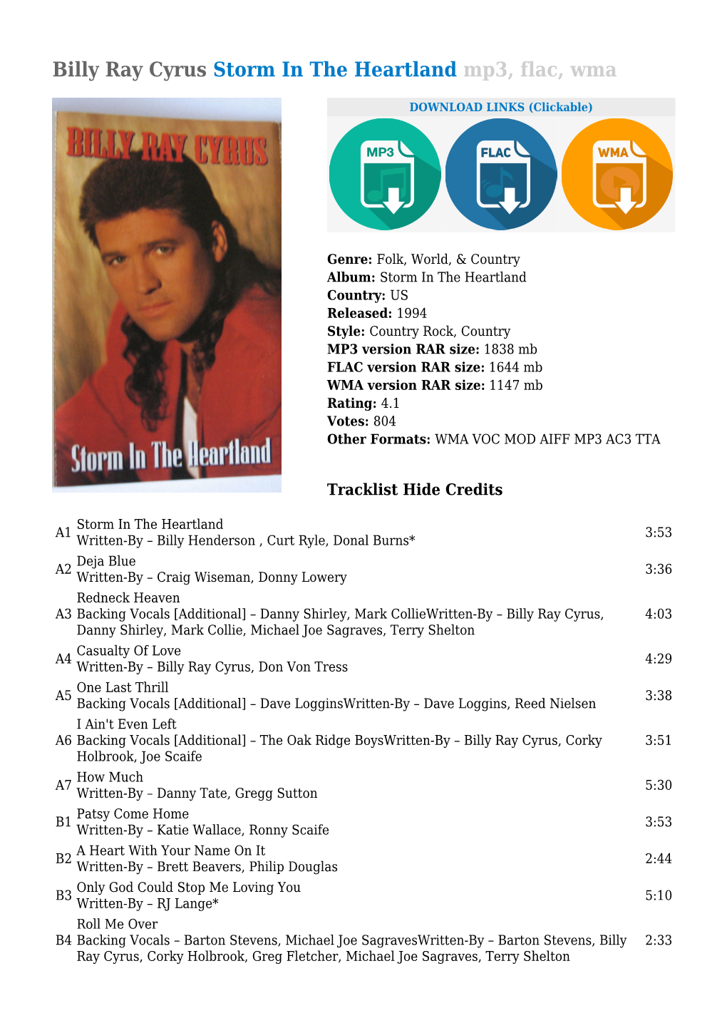 Billy Ray Cyrus Storm in the Heartland Mp3, Flac, Wma